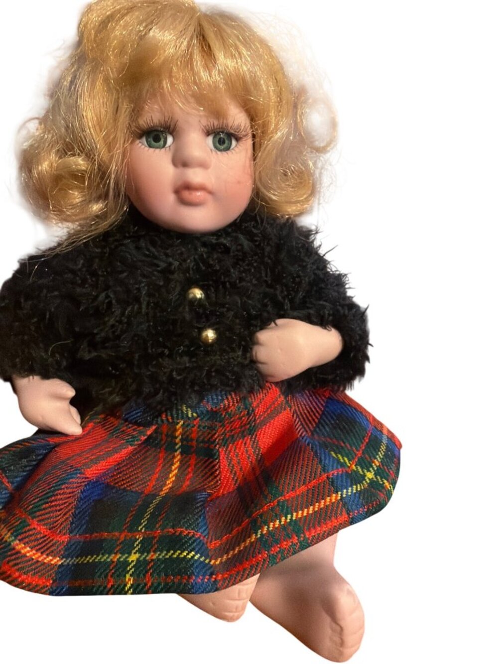 Vintage McField Porcelain Doll Blonde Tartan Black Sweater Green Eyes Estate